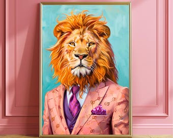 Lion in Suit Art Print, Funky Fashion Wall Decor, Maximalist Funny Animal Art Posters, Eclectic Trendy Wall Art