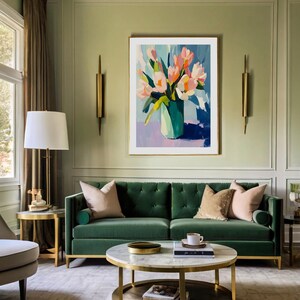 Tulpen Ölgemälde in Vase, Pastell Blumen Wandkunst, Grünes Glas, Vintage Matisse Stil, Minimalistische Sommer Blumen Kunst