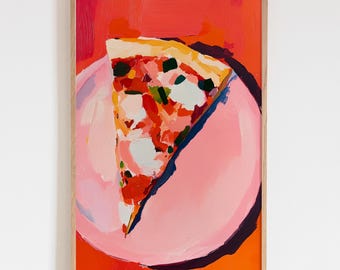 May include: A painting of a slice of pizza on a pink plate. The pizza has a red sauce base with white cheese, green peppers, and black olives. The painting is done in a loose, expressive style with bold colors.