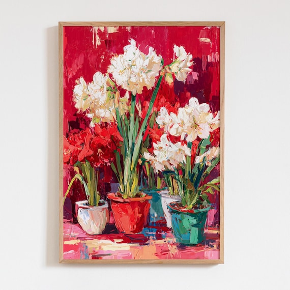 白いアマリリスの花の絵画 赤い背景 | モダンアート マティススタイル