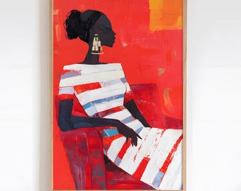 Impresión abstracta de personas con rayas rojas - Arte mural minimalista contemporáneo - Obra de arte grande para sala de estar - Decoración moderna de mujer con rayas