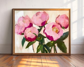 Arte mural de cinco peonías rosas, estampado floral abstracto al óleo, pintura floral minimalista inspirada en Matisse, decoración moderna y atrevida para el hogar.
