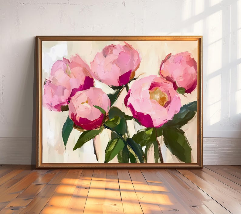 Five Pink Peonies Wall Art, Abstract Oil Style Floral Print, Matisse ...