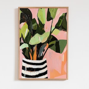 Arte mural acrílico con plantas de interior, pintura a rayas con pincel, estampado botánico rosa y verde, decoración moderna y colorida para el hogar.