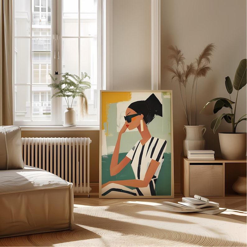 May include: A colorful abstract painting of a woman wearing sunglasses and a striped shirt. The background is a mix of yellow, green, and blue.