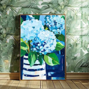 Impresión de pintura al óleo de hortensias azules, arte mural con jarrón a rayas, decoración con pinceladas florales, obra de arte floral botánico, regalo para amantes del arte.