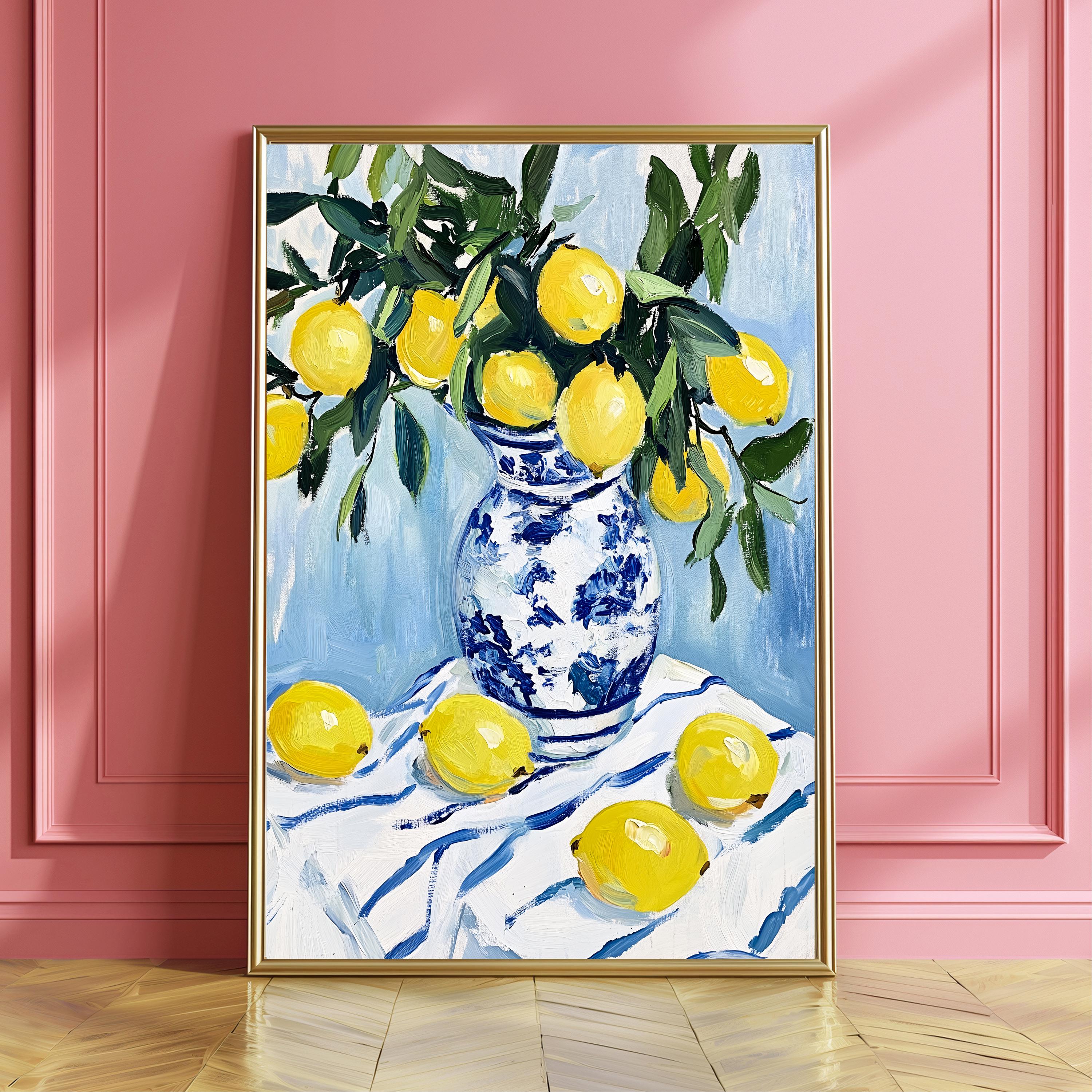 レモンの油絵が描かれた青い磁器の花瓶、静物画、キッチンの装飾