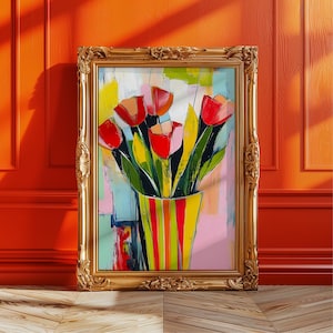 Impression d'art abstrait tulipe colorée, peinture acrylique florale moderne dans un vase à rayures, cadeau de décoration murale rose et jaune