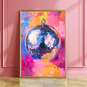 Peinture boule disco argentée dessinée à la main, art mural boule à facettes, décoration d'intérieur rose, affiche boule disco, esthétique rétro