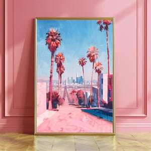 Los Angeles California Travel Art Print - Modern Girly Wall Art Decor in Pink and Blue, LA Travel Poster