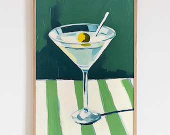 Martini Glass Green Art Poster, Bar Wall Art Print, Kitchen Cocktail Decor, Restaurant Still Life Poster, Striped Cloth Acrylic Art