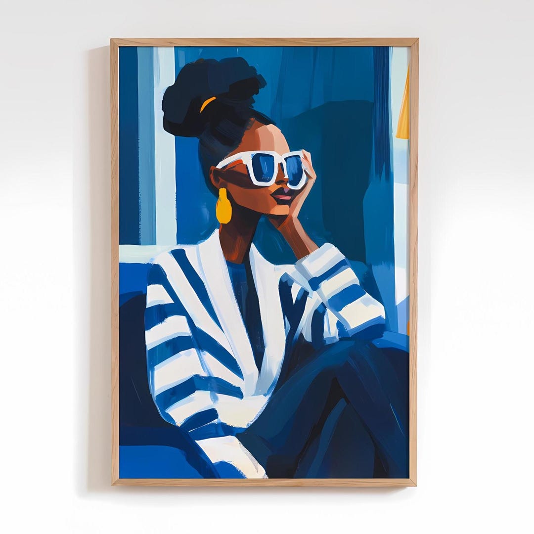 Navy Blue and White Abstract Woman Art Print - Contemporary Wall Decor ...