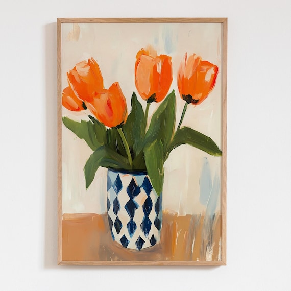 オレンジ色のチューリップの油絵プリント、ブルーダイヤモンドの花瓶