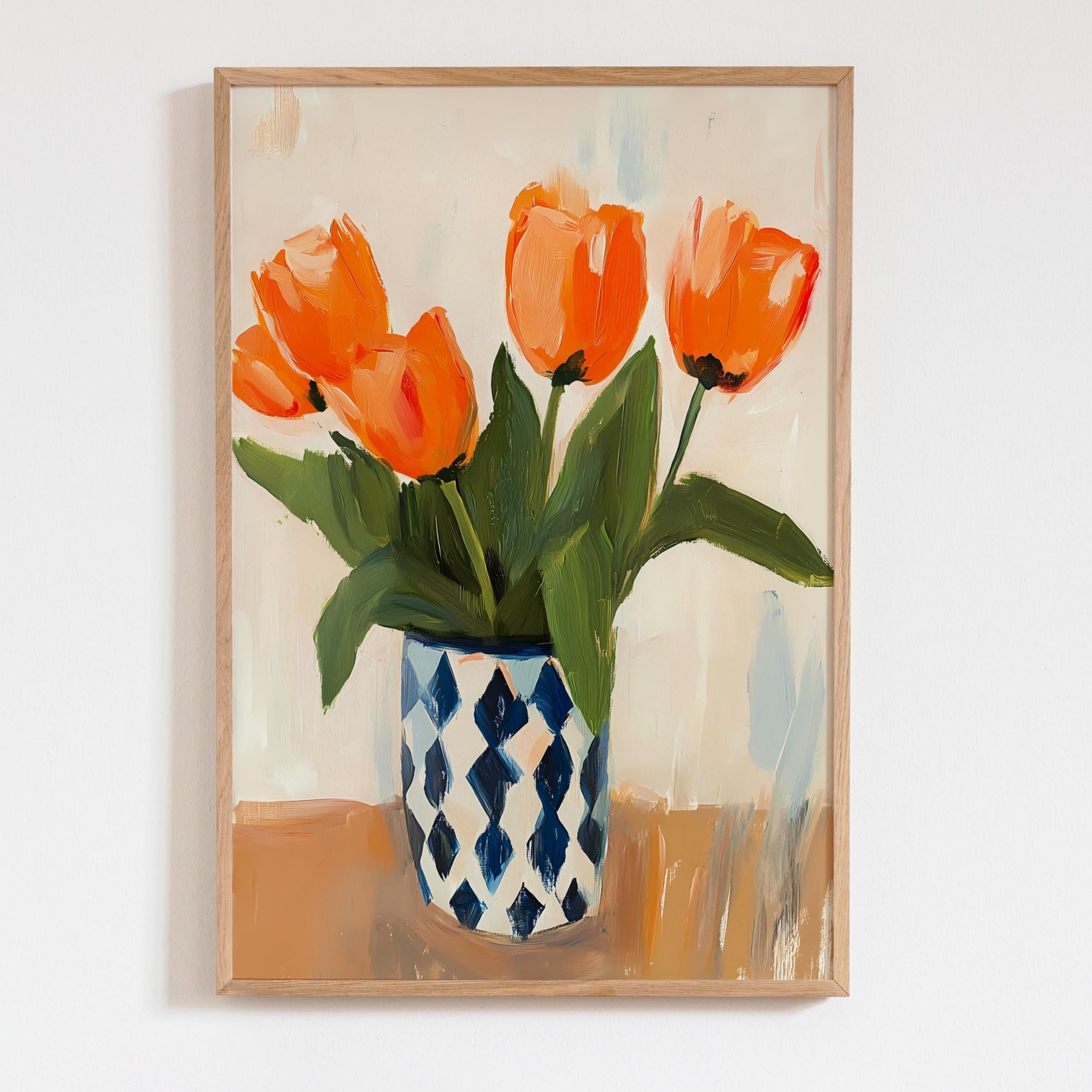 オレンジ色のチューリップの油絵プリント、ブルーダイヤモンドの花瓶