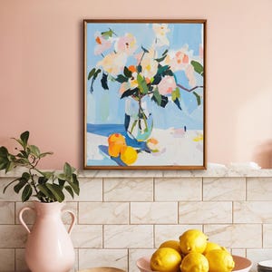 Abstract Floral Still Life Oil Painting Print with Vase, Lemons, Oranges, Blue Wall Art, Visible Brush Strokes, Gift for Her