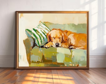 Impression de peinture à l'huile Golden Retriever, art mural chien minimaliste, décoration impressionniste confortable pour animal de compagnie, oeuvre d'art animalière de Style vintage