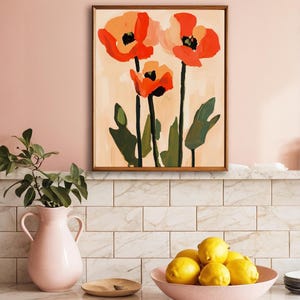Stampa di papaveri arancioni in stile Matisse, arte murale floreale minimalista, poster botanico retrò, dipinto a mano con effetto olio moderno, sfondo crema