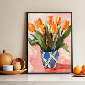 Impression de peinture à l'huile de tulipe audacieuse, fleurs oranges dans un vase bleu, art mural, art floral minimaliste sur fond rose, art coloré de coup de pinceau
