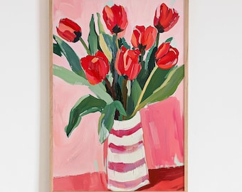 Pintura al gouache de tulipanes rojos, arte mural floral en jarrón rosa, estampado floral moderno y llamativo, póster de decoración para el hogar de estilo vintage minimalista.
