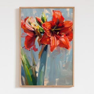 Red Amaryllis Flower Art Print Poster, Colorful Christmas Botanical Amaryllis Oil Painting Maximalist Wall Art Decor