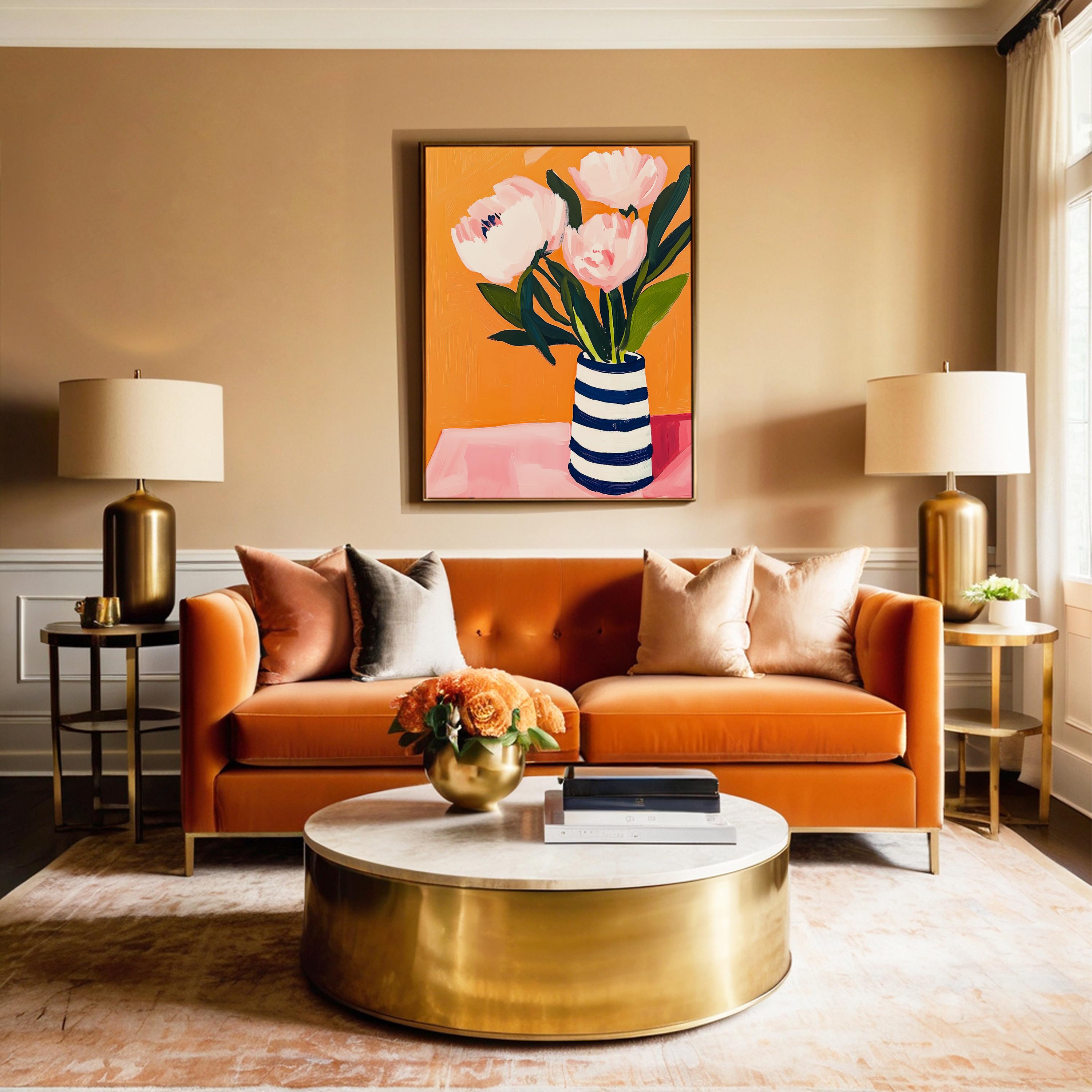 Blush Pink Peonies Gouache Art Print, Striped Vase Wall Decor, Bold ...