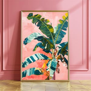 Affiche impression d'art mural arbre feuilles de bananier, art mural feuille botanique tendance, décoration de chambre preppy, affiche d'été de feuilles tropicales roses girly