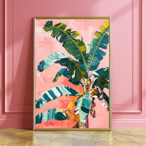 Bananenbladeren boom muur kunst print poster, trendy botanische blad kunst aan de muur, preppy kamerdecor, girly roze tropische bladeren zomer poster