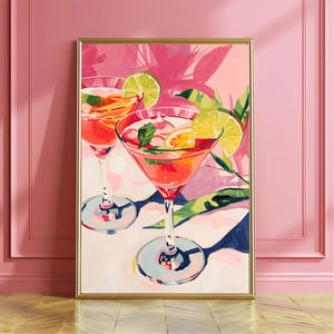 Pink Cocktails Printable Art Poster, Summer Cocktail Print, Pink Retro Bar Cart Decor, Preppy Drink Painting, Trendy Wall Art Decor