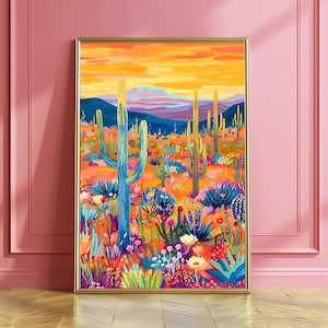 Farbenfrohe Wüste in Arizona Kunstdruck - Saguaro Kaktus Illustration - Maximalistische Wanddekoration