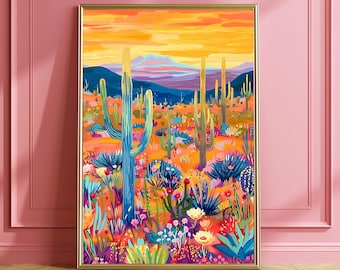 Colorful Arizona Desert Art Print - Saguaro Cactus Illustration - Maximalist Wall Decor