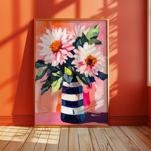 Arte mural en gouache con dalia rosa, estampado floral llamativo en jarrón a rayas, decoración Dopamine, vibrante póster floral moderno de mediados de siglo.