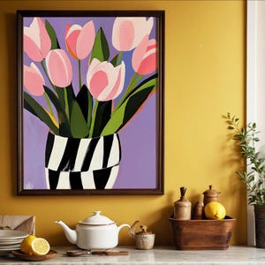 Impression d'art mural gouache tulipes roses, illustration florale audacieuse, oeuvre d'art floral minimaliste, affiche tulipe colorée originale pour la décoration intérieure