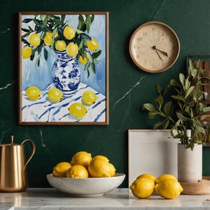 Blue Porcelain Vase with Lemons Oil Painting, Still Life Wall Art, Kitchen Decor, Yellow Fruit Artwork, Gift for Art Lover