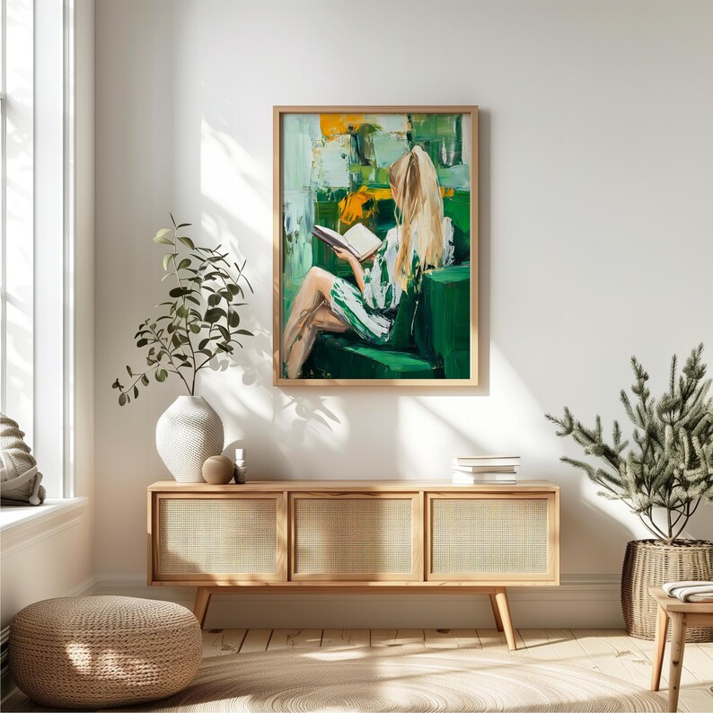 Emerald Green Yellow Woman Reading Art Poster, Abstract Blonde Stripe ...