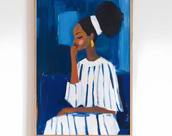 Impresión artística abstracta de personas en azul real - Decoración de pared moderna y contemporánea - Póster de mujer con rayas acrílicas - Arte interior colorido