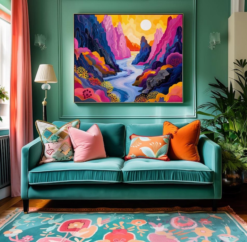 May include: A teal velvet sofa with colorful throw pillows sits in front of a green wall with a large abstract painting of a colorful landscape with a river and mountains. The sofa is on a rug with a floral pattern.