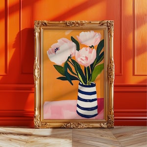 Impresión artística en gouache de peonías rosa ruborizado, jarrón a rayas para decoración de pared, obra de arte floral llamativa, póster con fondo naranja, idea de regalo femenino