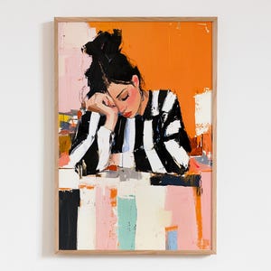 May include: A painting of a person with dark hair wearing a black and white striped shirt, resting their head on their hand. The background is a mix of orange, pink, and white.