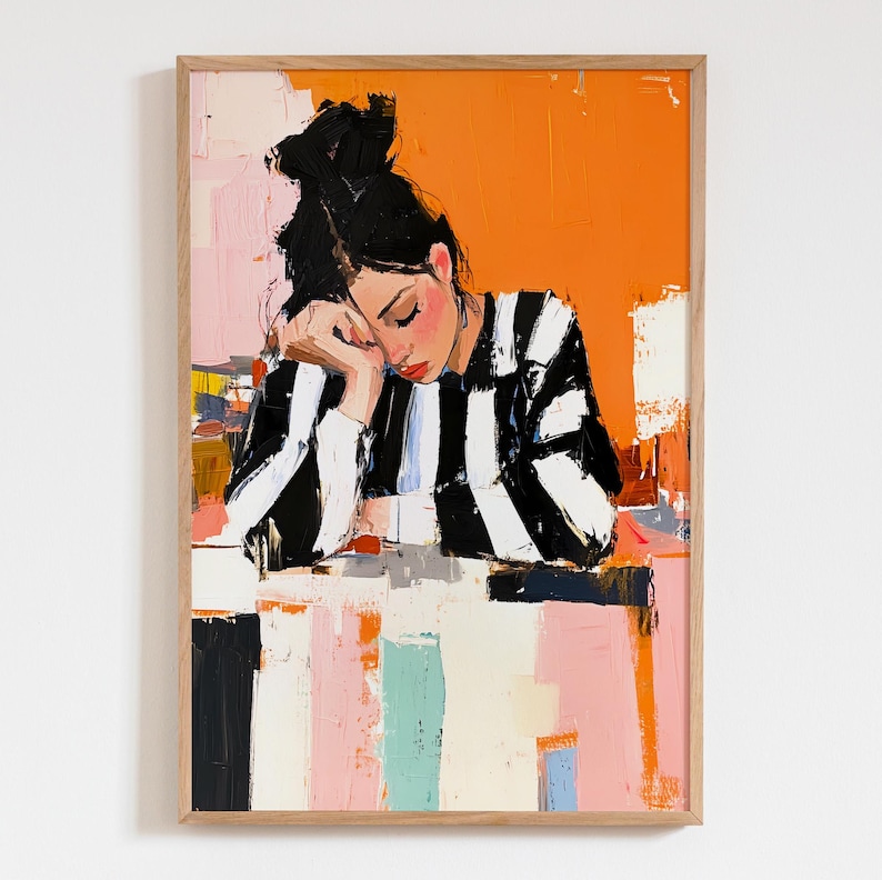 May include: A painting of a person with dark hair wearing a black and white striped shirt, resting their head on their hand. The background is a mix of orange, pink, and white.