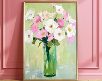 花瓶のパステル画 ピンクと白の花の油絵、緑の花瓶の壁アート、モダン印象派の花柄