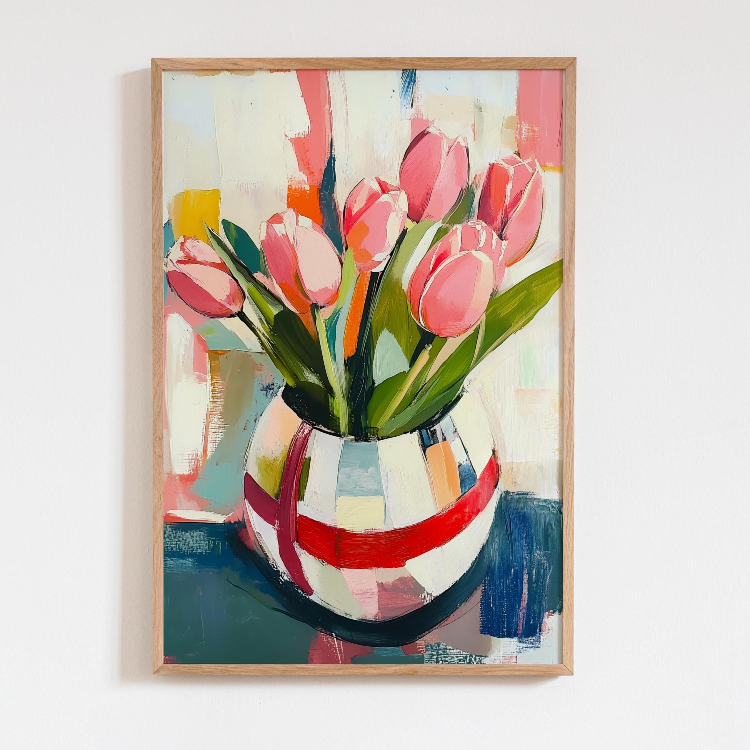 ピンクのチューリップの抽象画プリント、モダンな花柄絵画、大胆な筆致