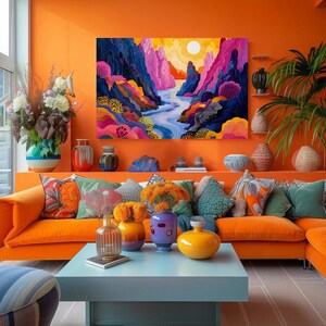 May include: A bright orange living room with a large abstract painting of a canyon with a river running through it. The painting is above a large orange sectional sofa with colorful pillows. There are several vases and plants on the shelves and tables.