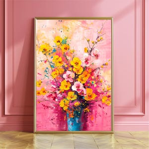 Póster con impresión artística de pintura en jarrón azul con flores amarillas de colores, decoración de pared con flores botánicas brillantes
