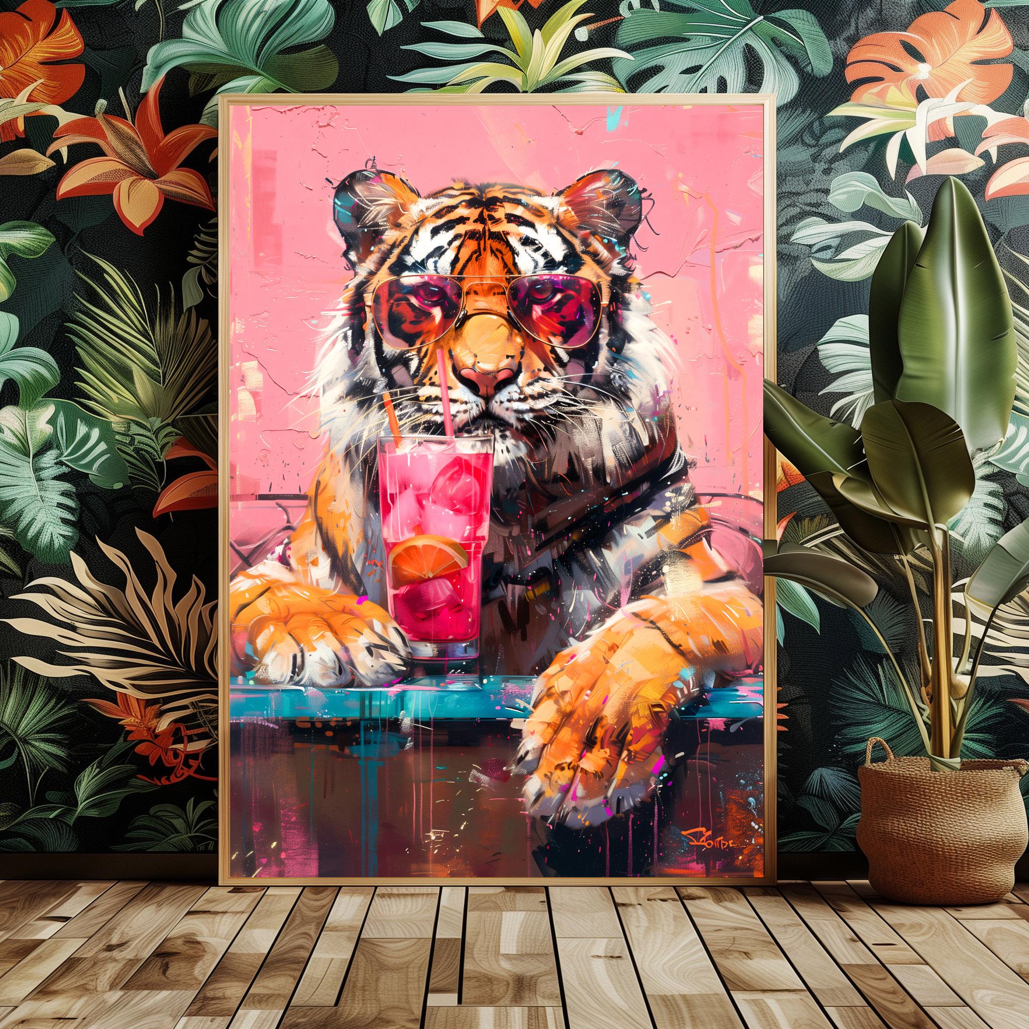 Printed Maximalist Tiger Bar Scene Cocktail Art Print - Colorful