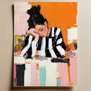 May include: A painting of a person with black hair in a black and white striped shirt, resting their head on their hand. The background is a bright orange and pink.