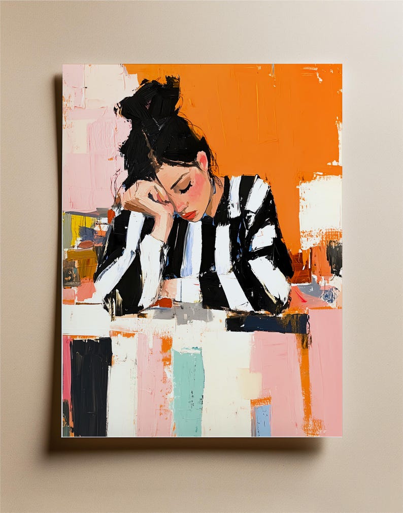 May include: A painting of a person with black hair in a black and white striped shirt, resting their head on their hand. The background is a bright orange and pink.