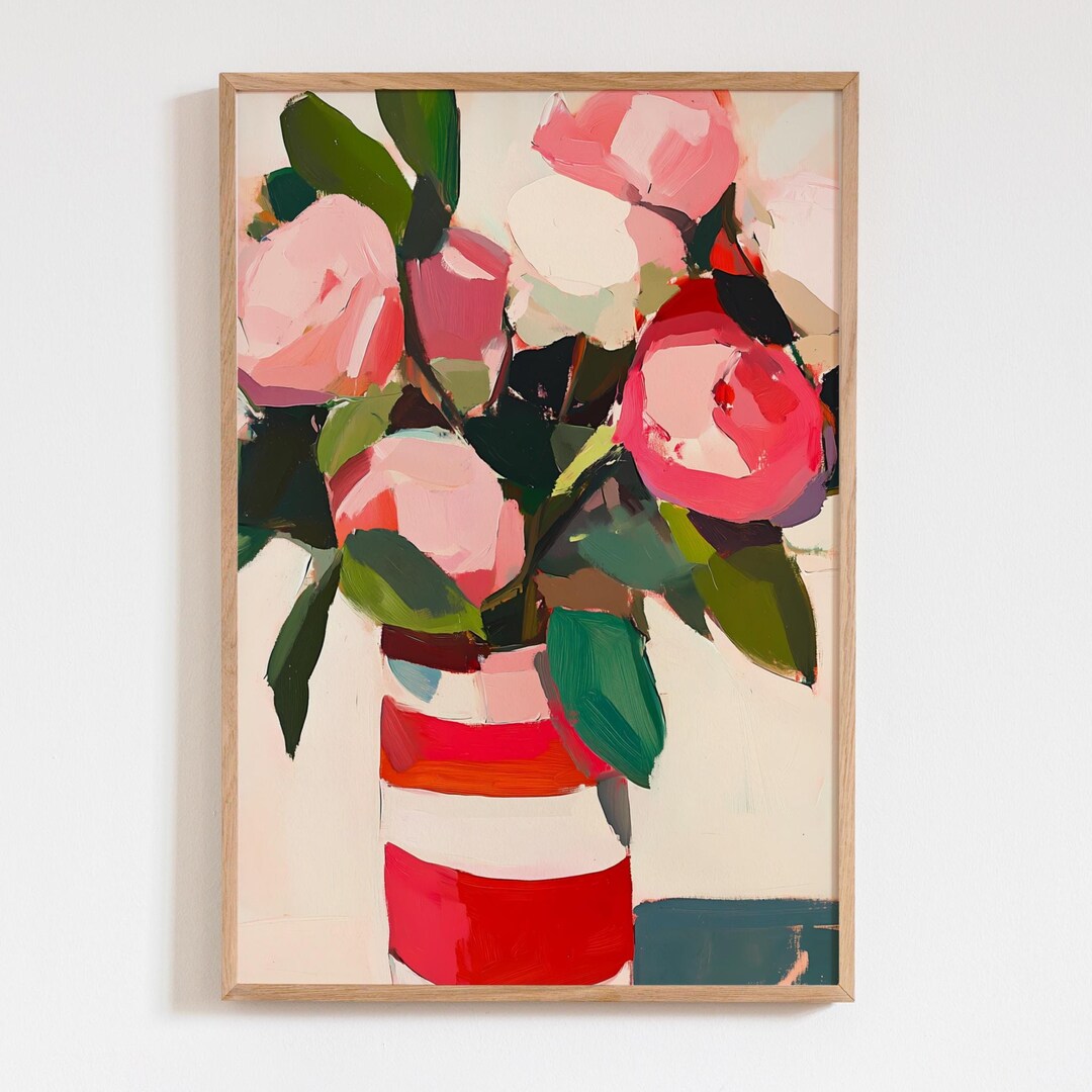 Pink Peonies Wall Art in Red Striped Vase, Bold Modern Floral Still ...