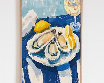 Póster artístico de plato de ostras azules, impresión de pared de barra de cocina, decoración de restaurante de verano, naturaleza muerta acrílica de vino y mariscos