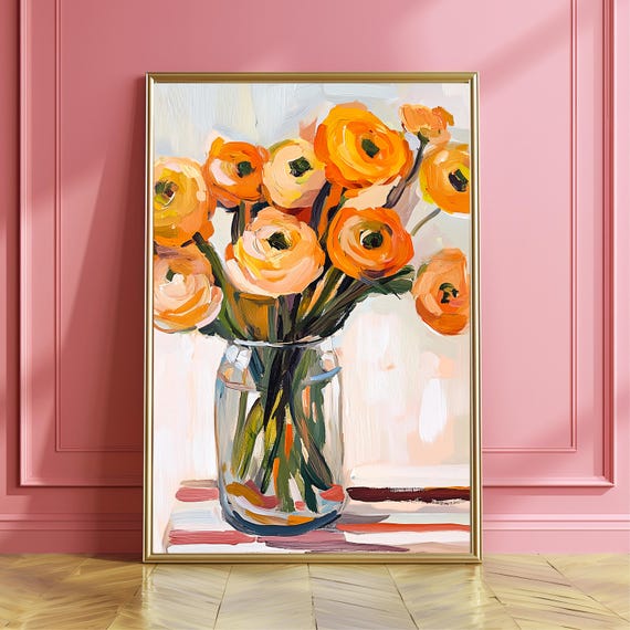 Orange Ranunculus Flowers Painting, Matisse Inspired Modern