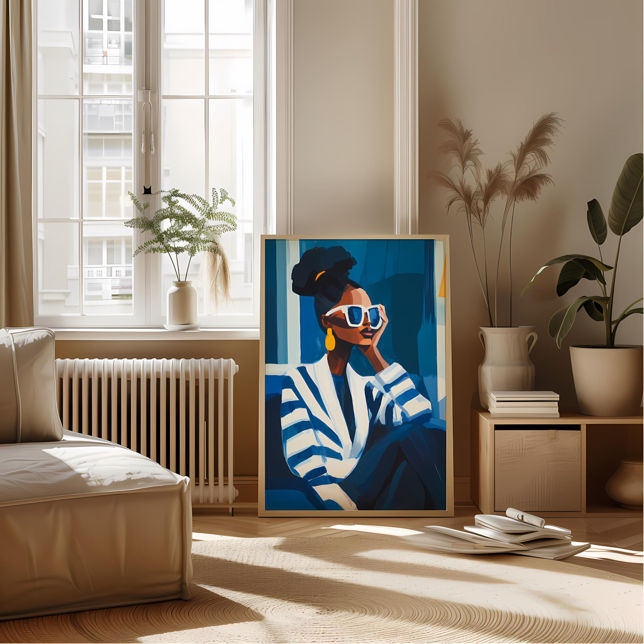 Navy Blue and White Abstract Woman Art Print - Contemporary Wall Decor ...